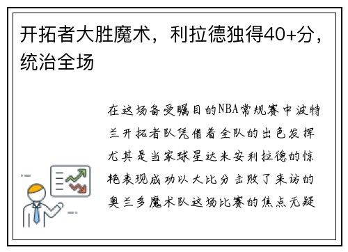 开拓者大胜魔术，利拉德独得40+分，统治全场