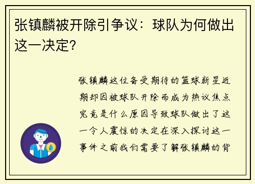 张镇麟被开除引争议：球队为何做出这一决定？
