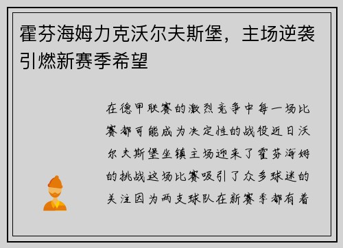 霍芬海姆力克沃尔夫斯堡，主场逆袭引燃新赛季希望